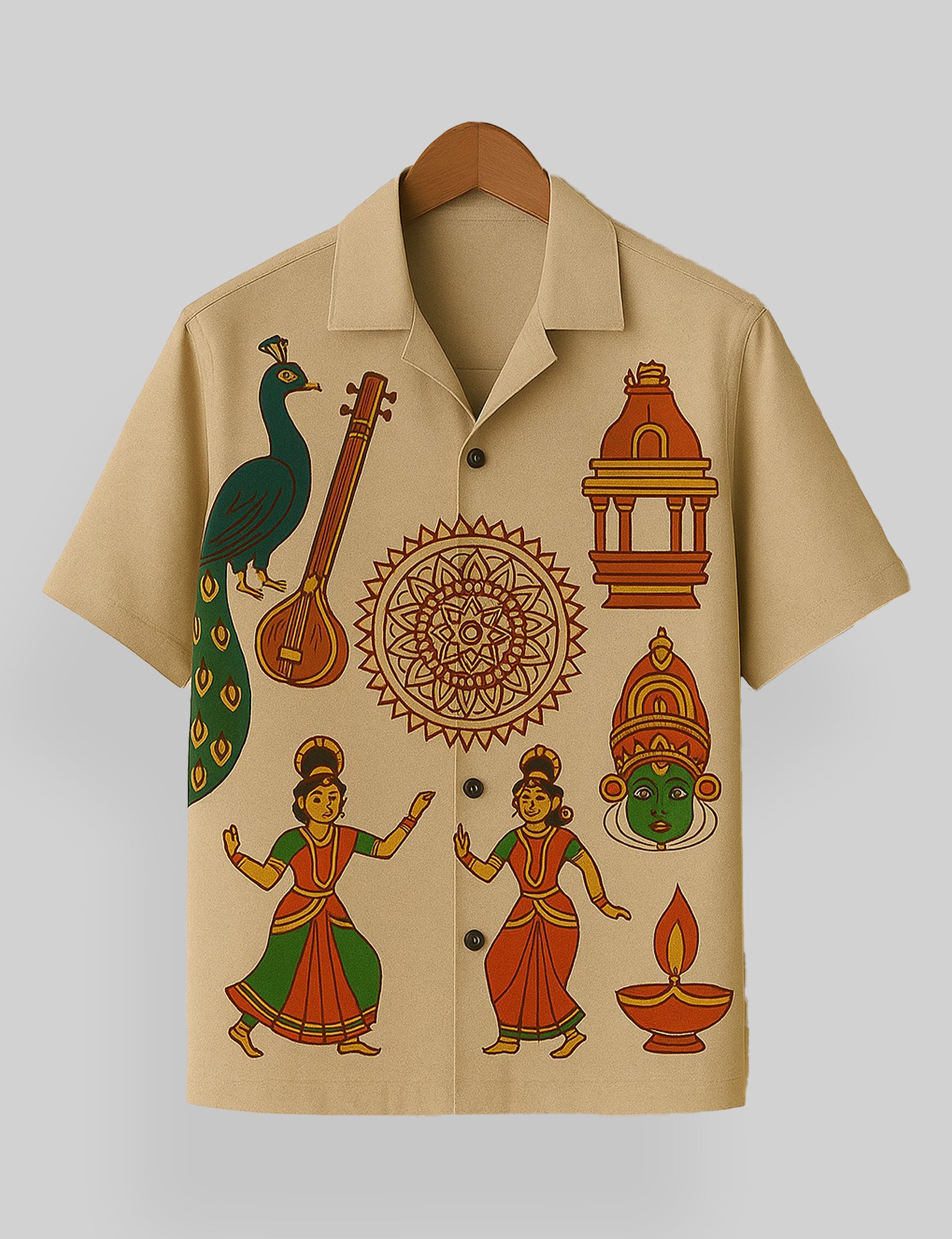 Festival Printed Mens Relaxed Cotton Shirt Short Sleeves
